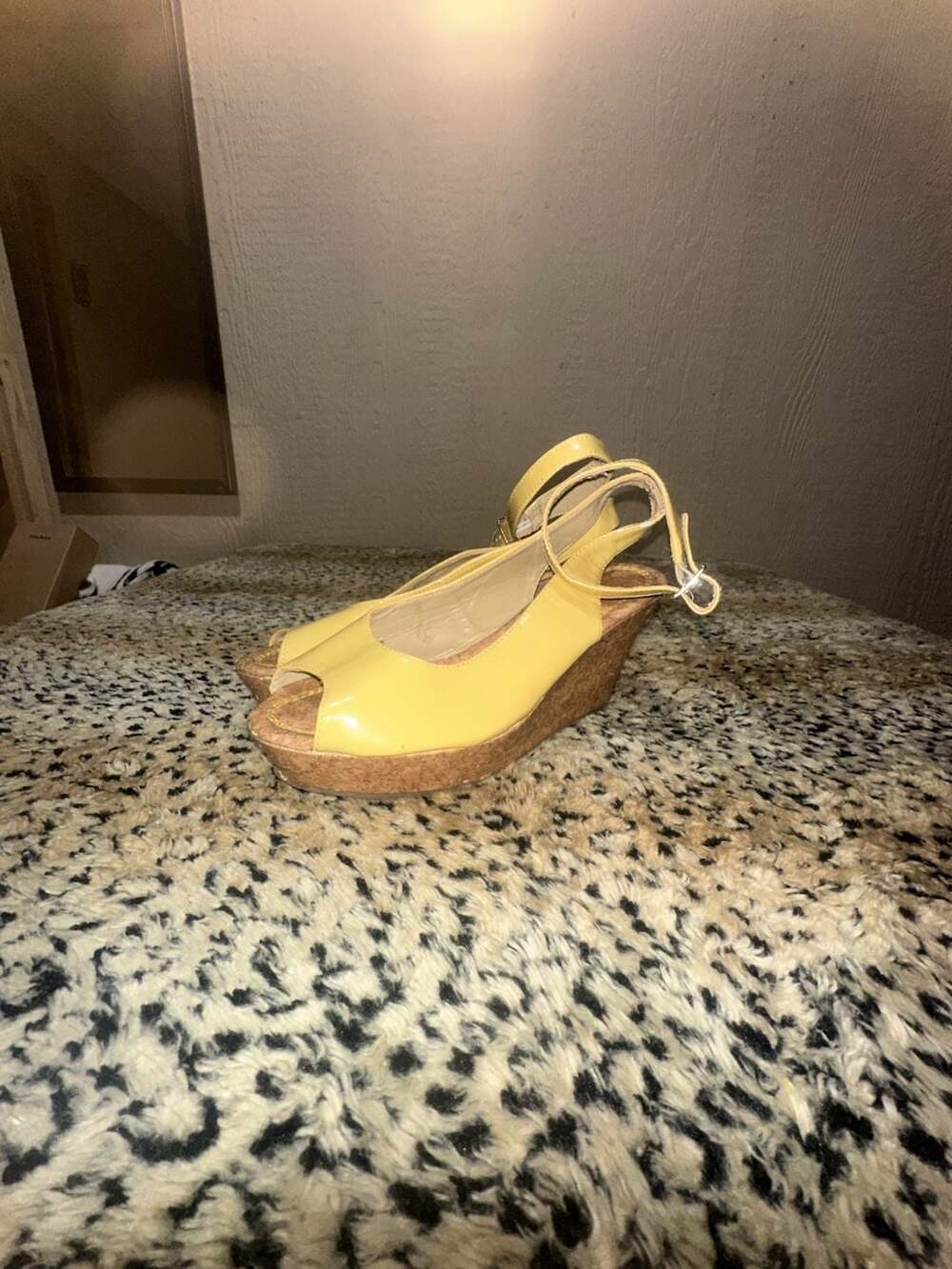 Jimmy Choo Yellow Patent Leather Cork Wedge Slingback Sandals